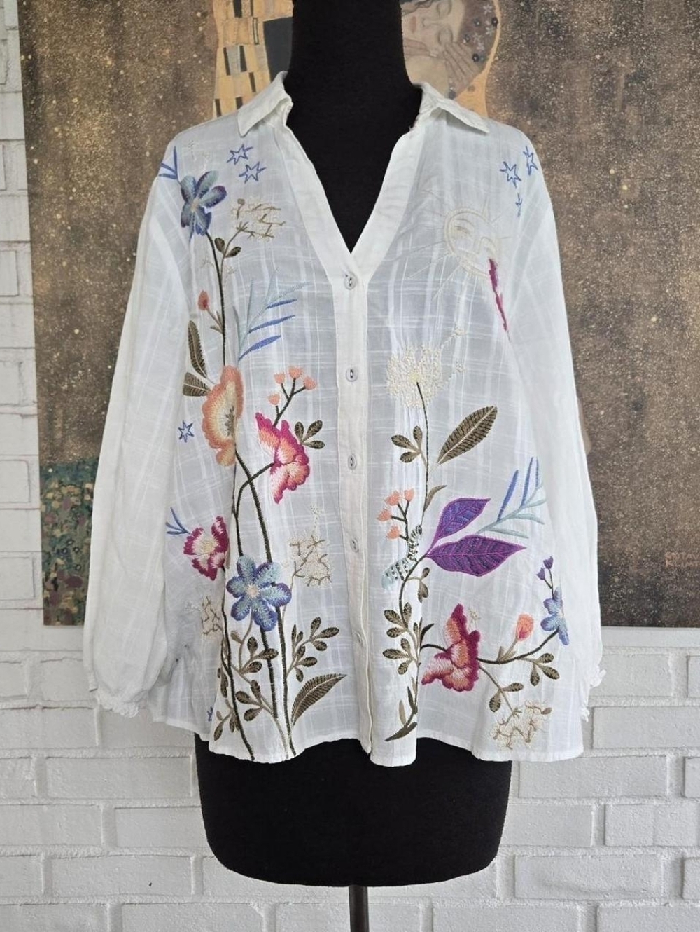 Johnny Was Workshop | M | Cotton Linen embroidered White Blouse